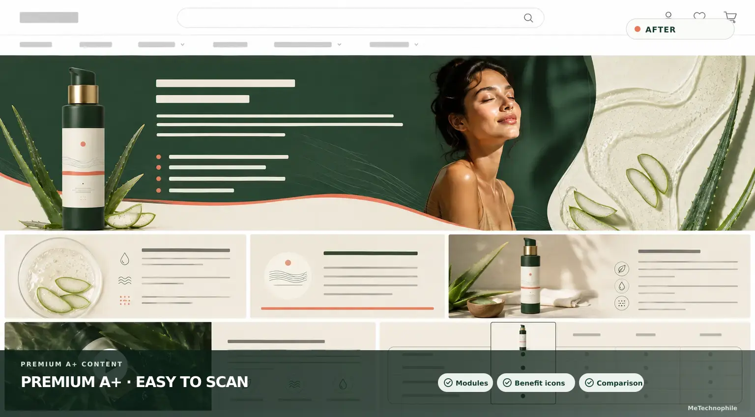 The same page with Premium A+ Content: brand banner, ingredient callouts, video module and comparison table