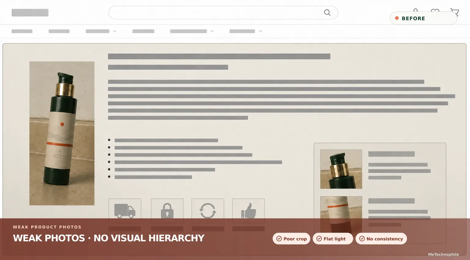 Product page with weak product photography and no A+ Content