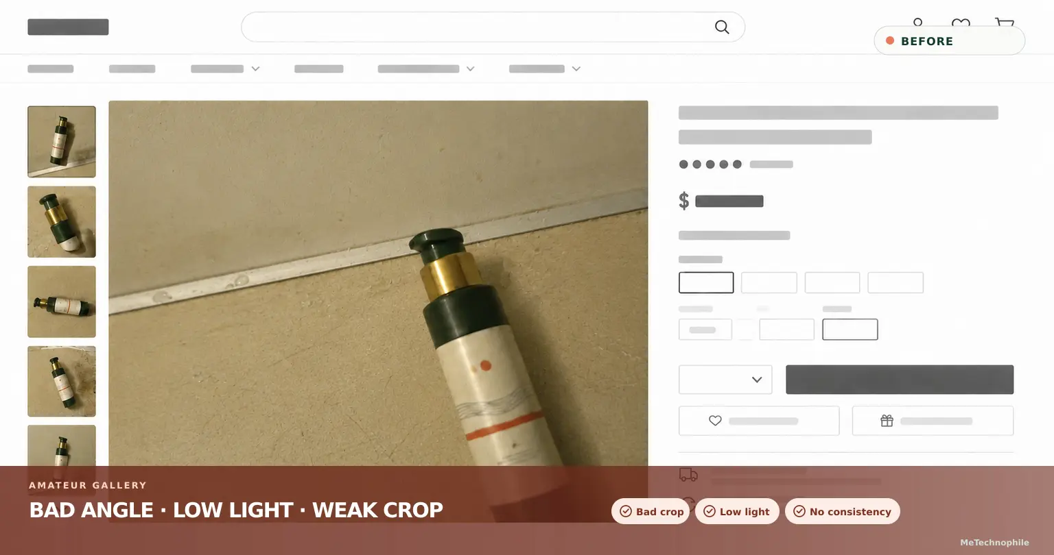 Product listing with a poorly photographed product and no video in the gallery