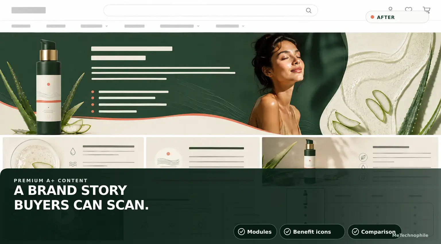 The same page with Premium A+ Content: brand banner, ingredient callouts, video module and comparison table