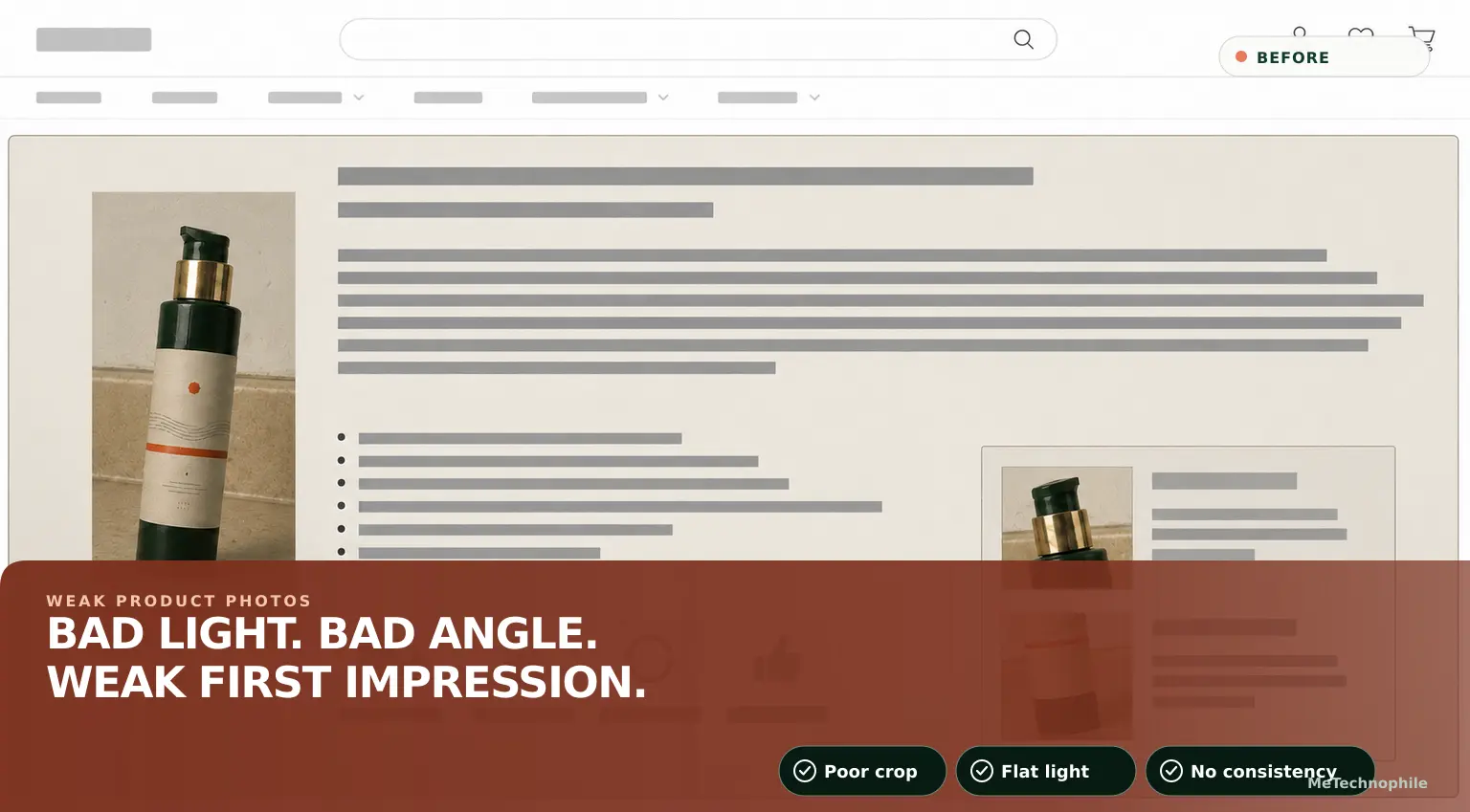 Product page with a plain text description and no A+ Content