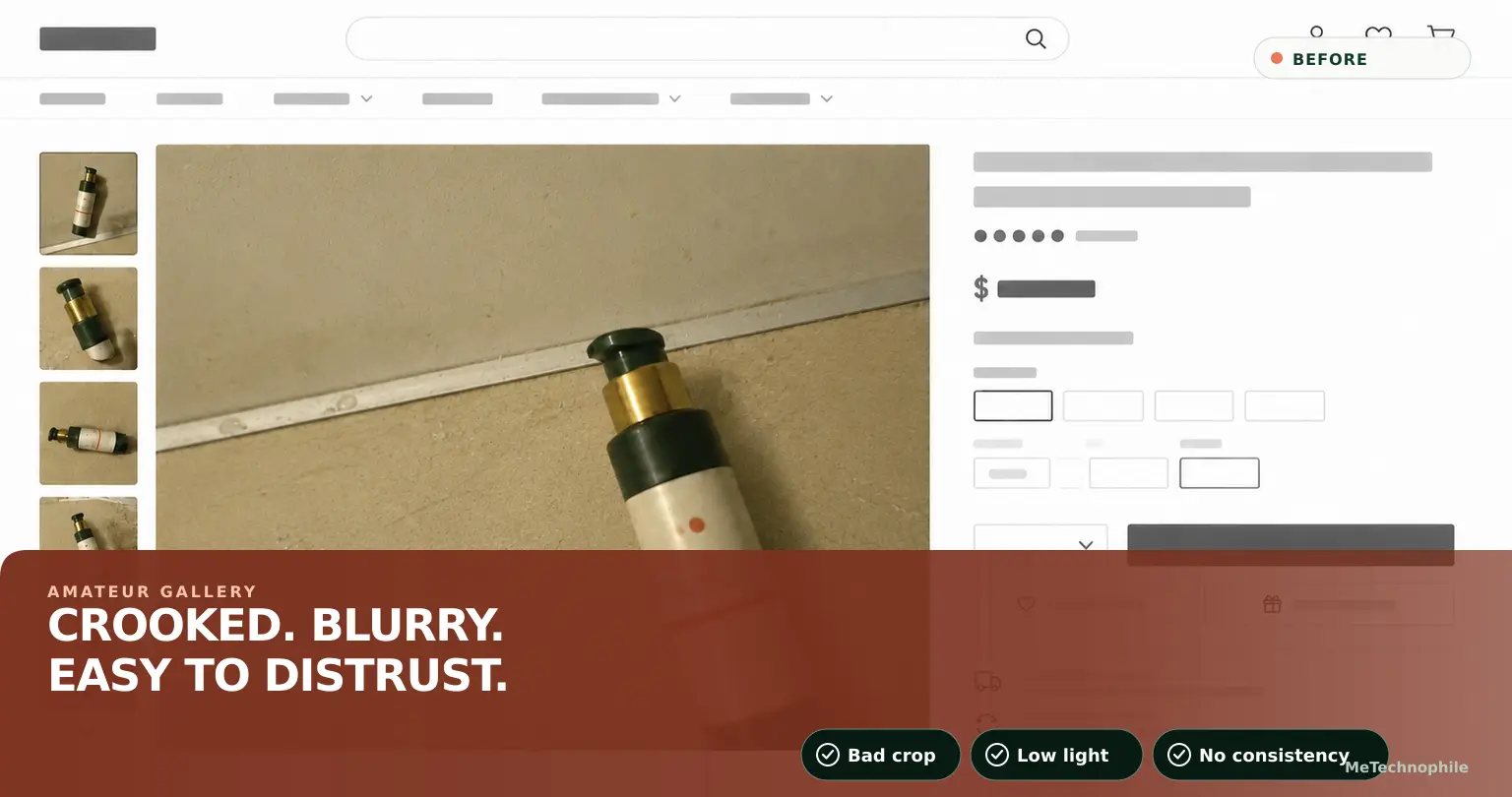 Product listing with a flat photo and no video in the gallery